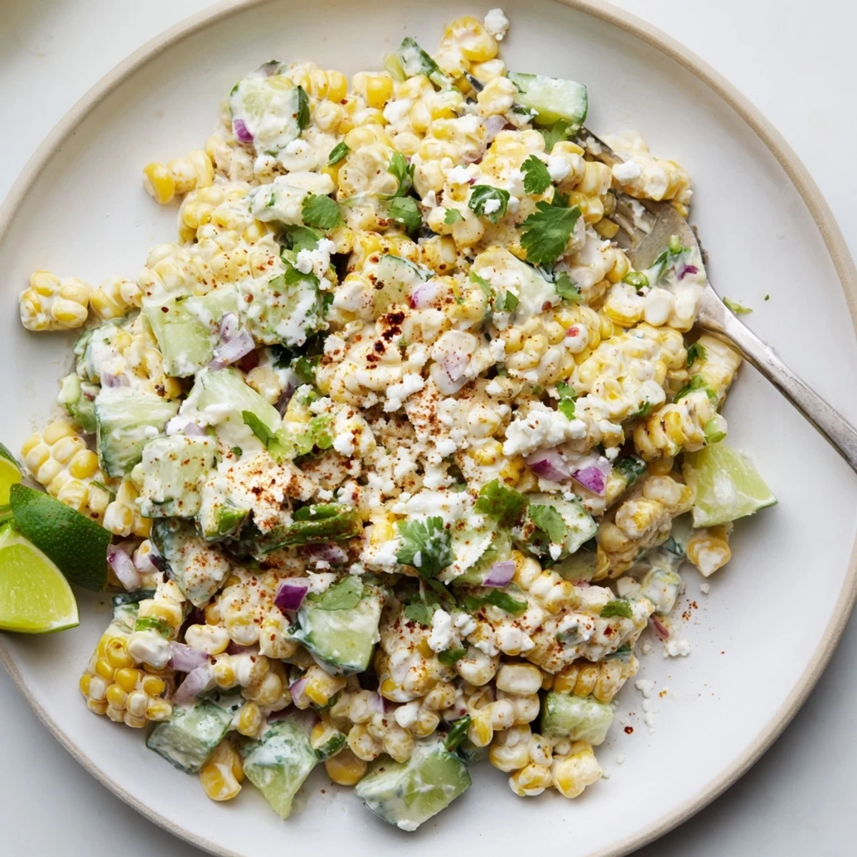 Colorful street corn salad featuring charred sweet corn kernels and refreshing diced cucumbers in creamy dressing