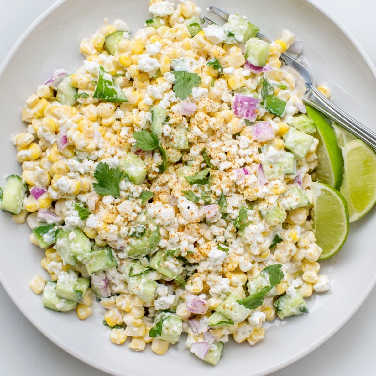 Vibrant summer bowl showcasing juicy corn crisp cucumber and creamy Mexican street corn inspired dressing