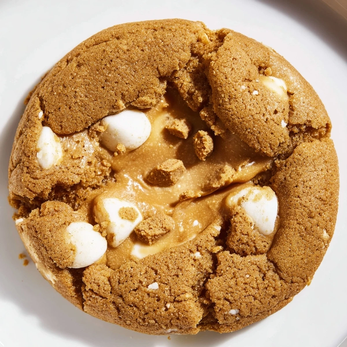 Golden stuffed Biscoff butter lava cookies topped with crushed cookie pieces and white chocolate chips