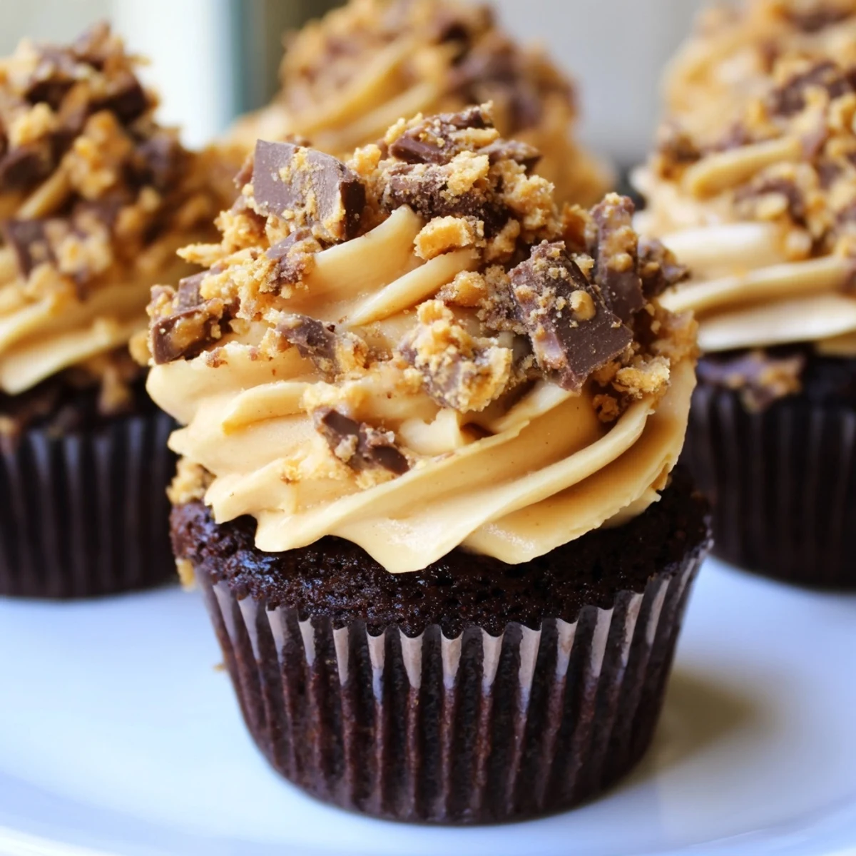 Swirled Butterfinger frosting crowns these chocolate Decadent Butterfinger Cupcakes sprinkled with crushed candy bar bits
