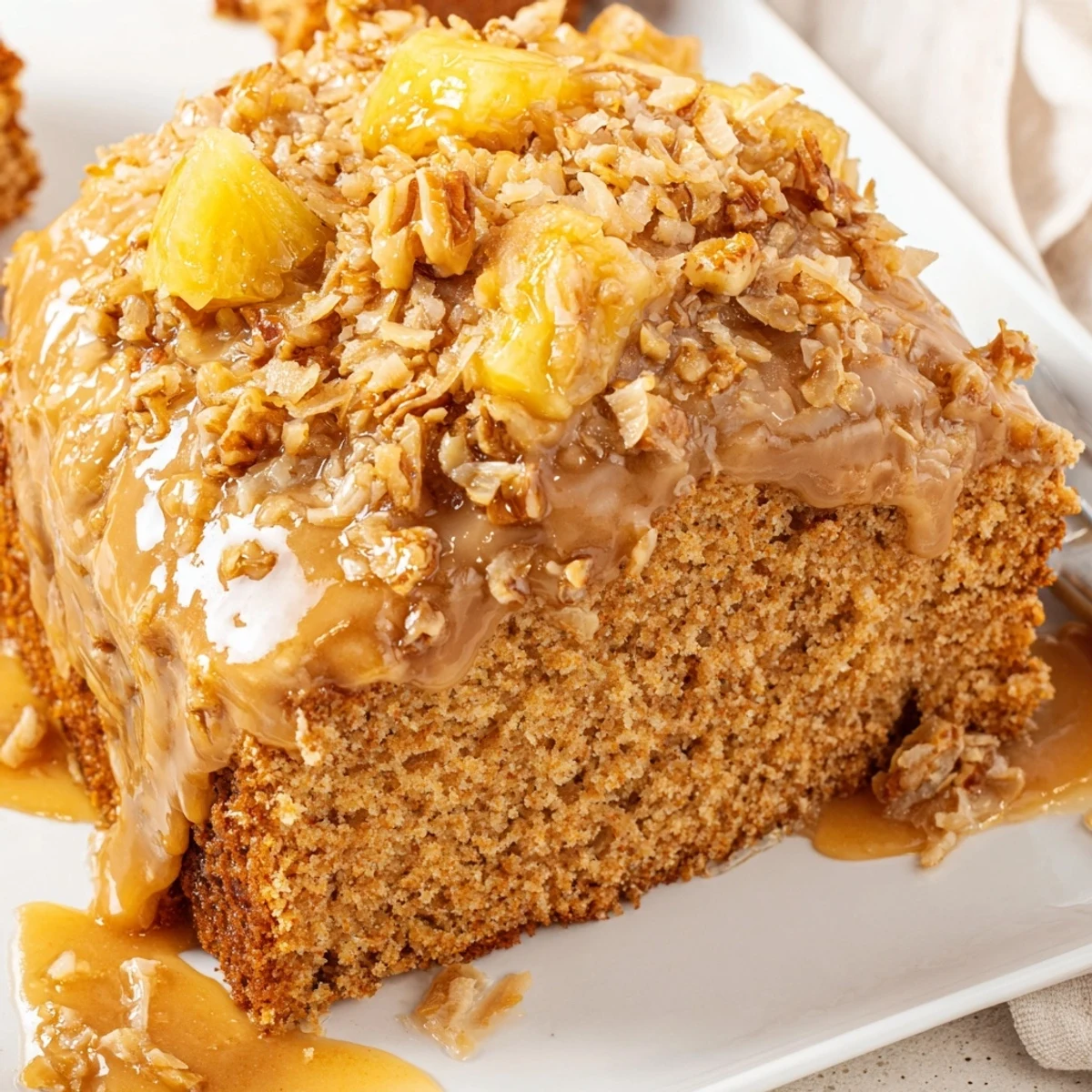 Golden Texas Tornado Cake with pineapple, coconut, pecans, and buttery sauce drizzled over top