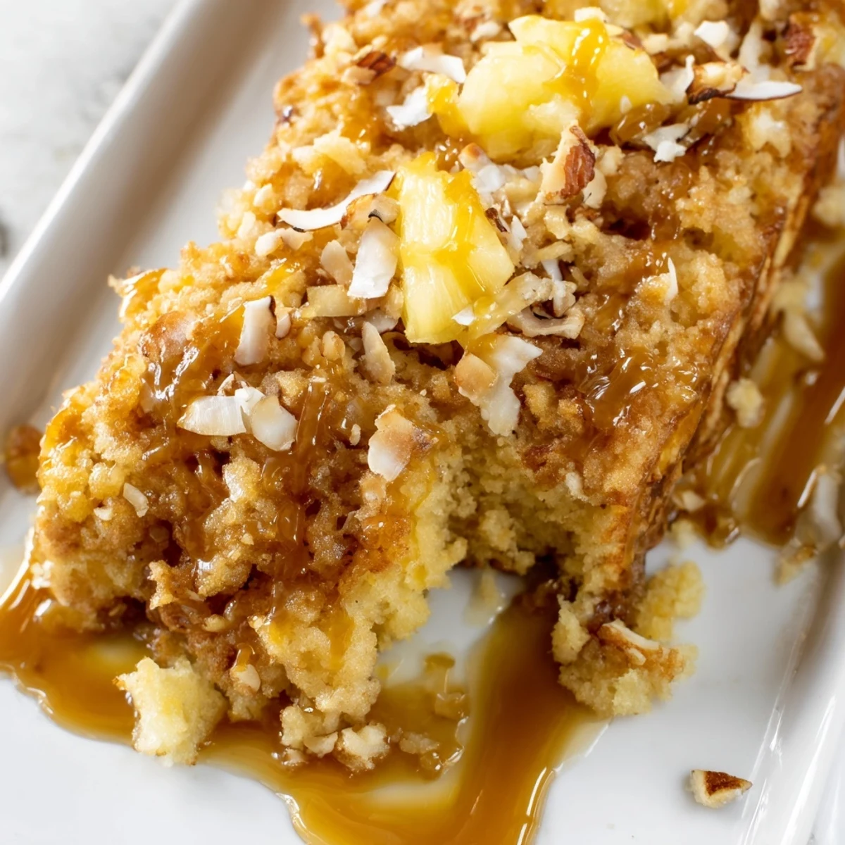 Moist Southern Texas Tornado Cake topped with creamy vanilla sauce and toasted nut crunch