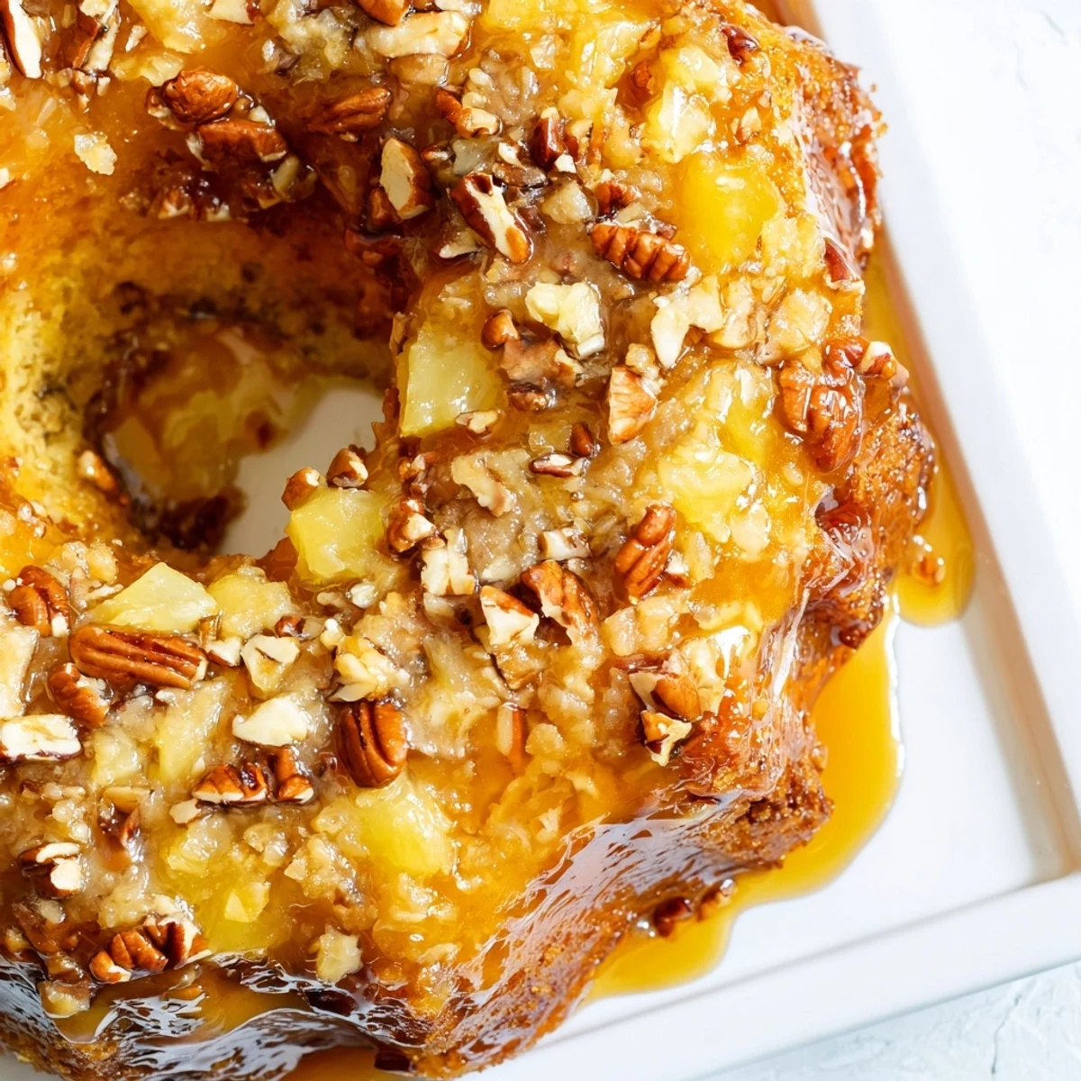 Slice of old-fashioned Texas Tornado Cake soaked in rich buttery topping with coconut flakes