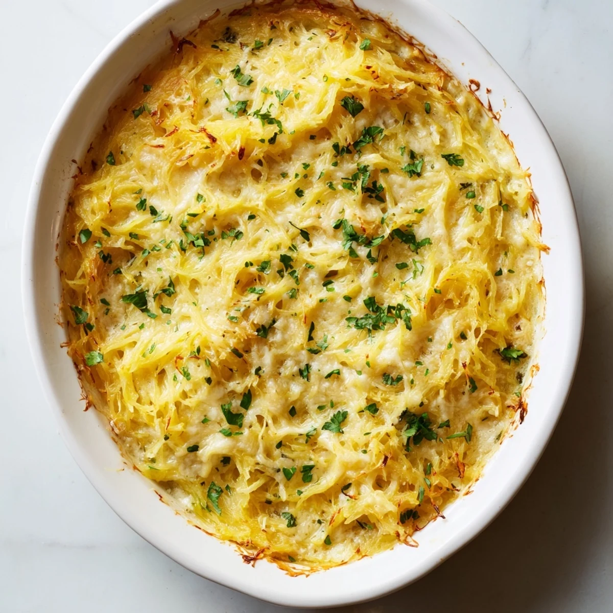 Golden bubbly Spaghetti Squash Au Gratin with melted Gruyère and fresh parsley garnish