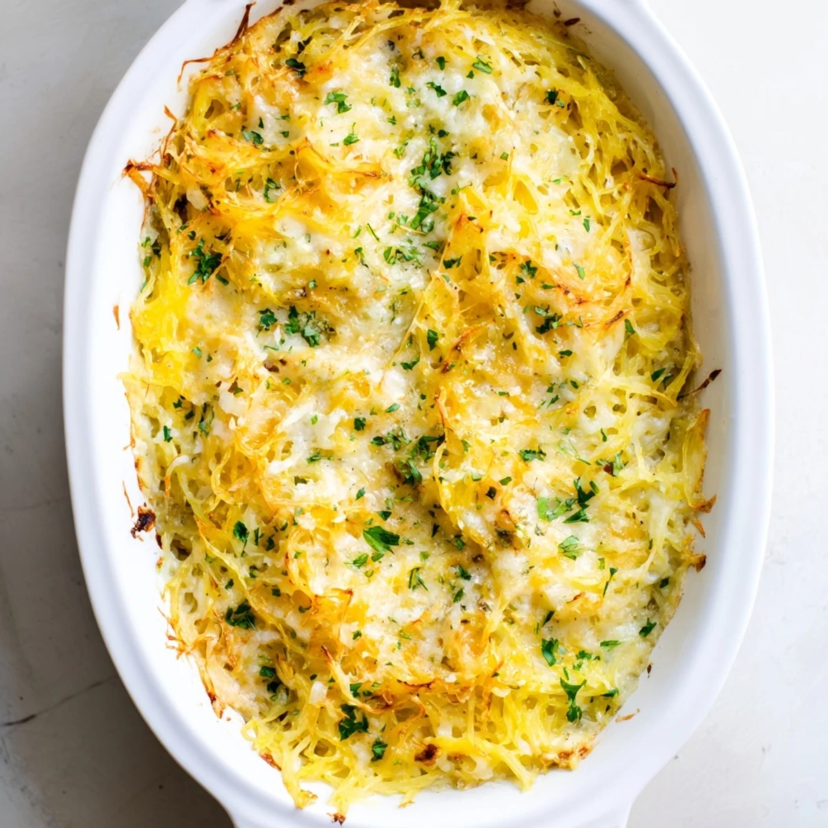 Creamy low-carb Spaghetti Squash Au Gratin casserole baked to cheesy perfection in white dish