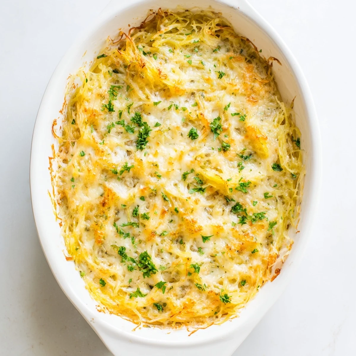 Roasted spaghetti squash strands tossed in rich cheese sauce and topped with golden Parmesan crust