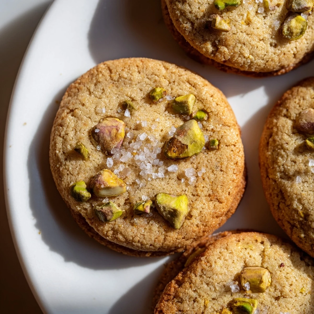 Buttery salted pistachio cookies with chopped green nuts and glistening salt crystals close up
