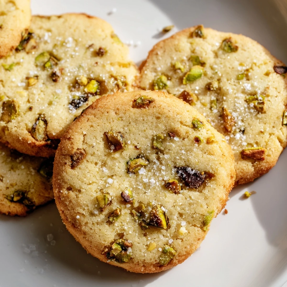 Stack of freshly baked salted pistachio cookies topped with crunchy roasted pistachio pieces