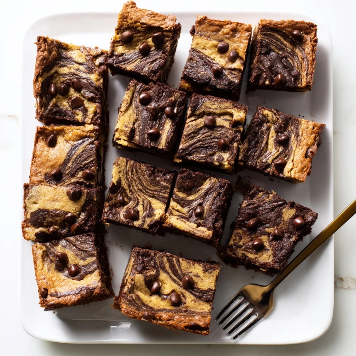 Golden banana bread brownie bars featuring fudgy chocolate ribbons and a tender, moist crumb