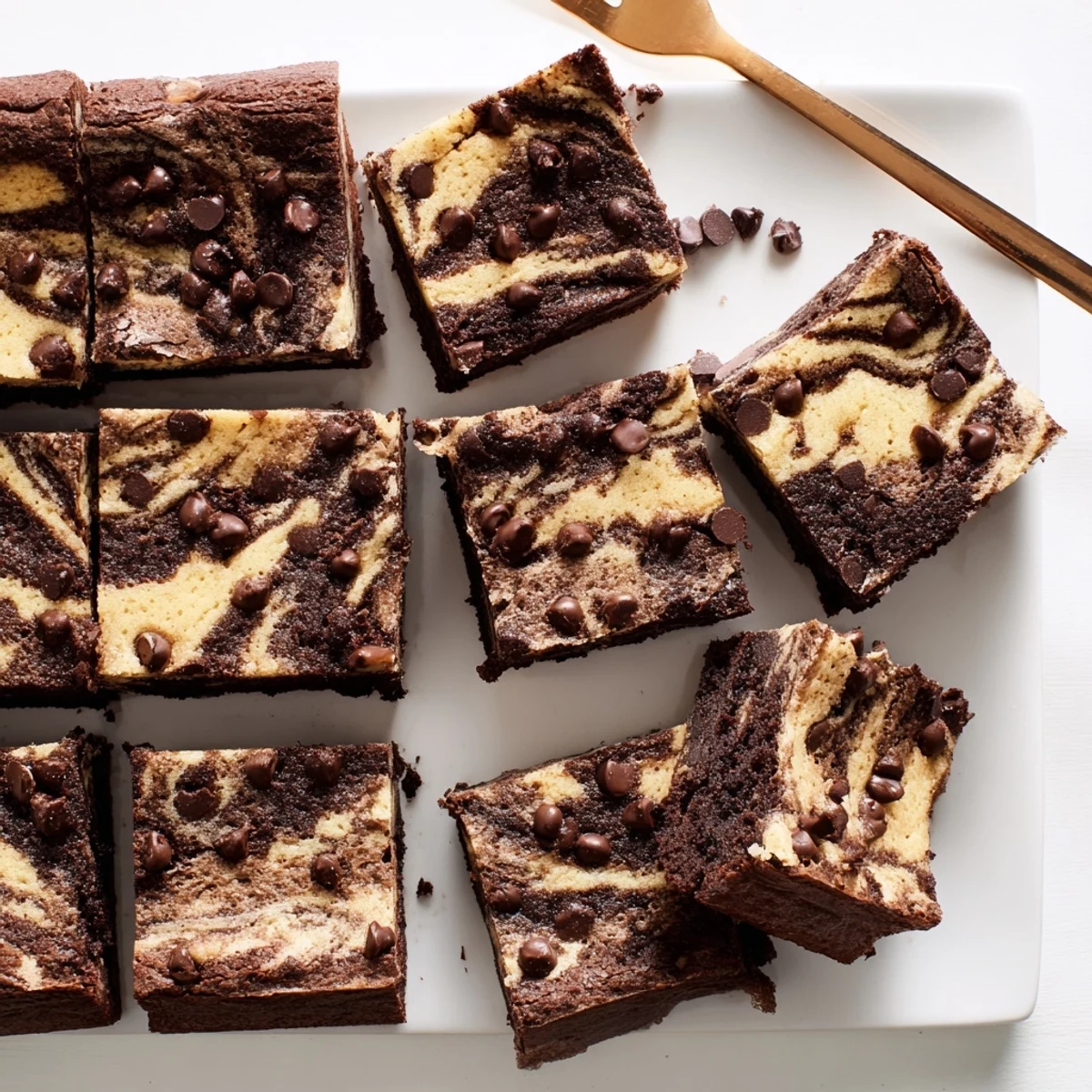 Moist chocolate brownie swirled with ripe banana batter, cut into decadent dessert squares