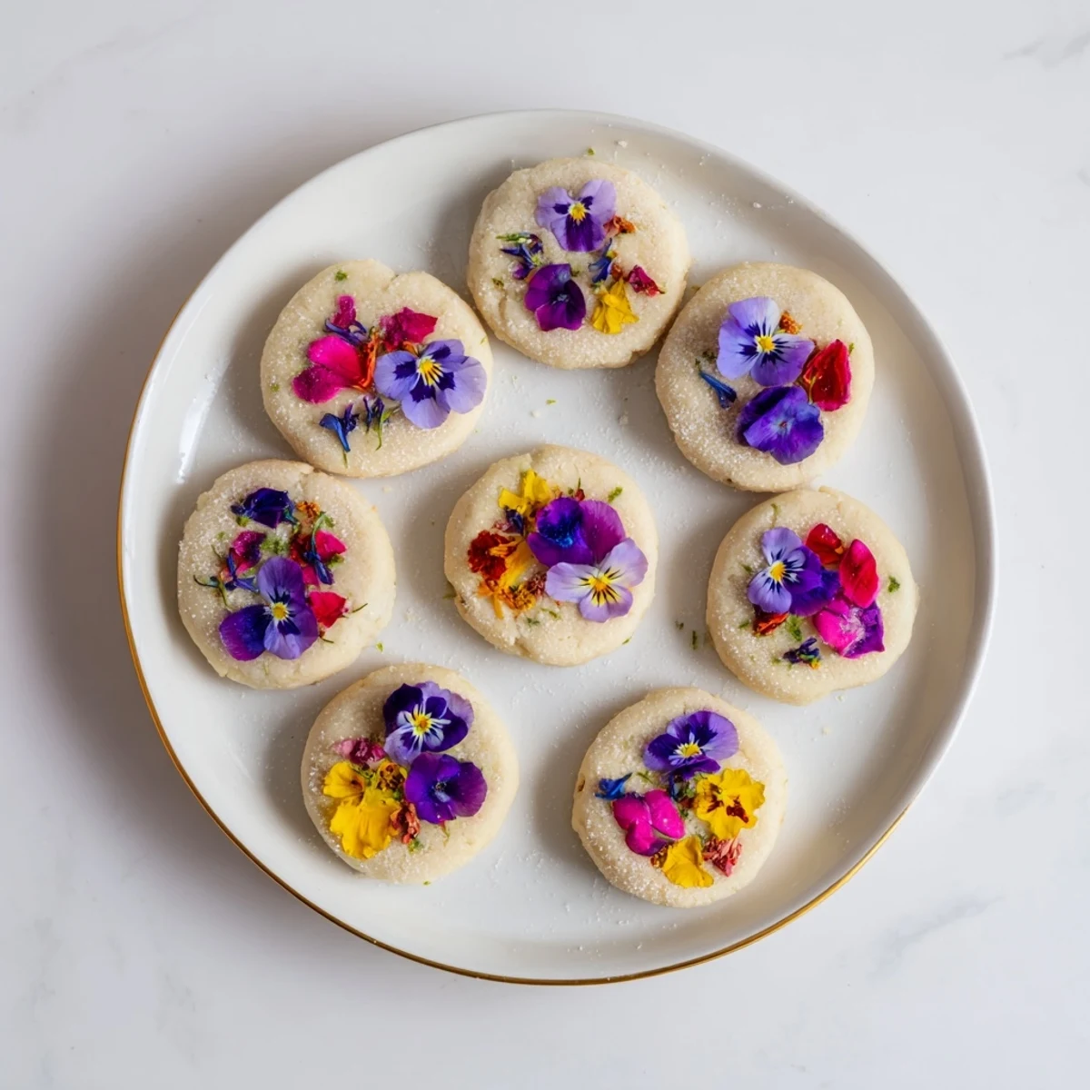 Golden spring flower shortbread cookies topped with colorful edible violets and delicate pansy petals on a white serving plate