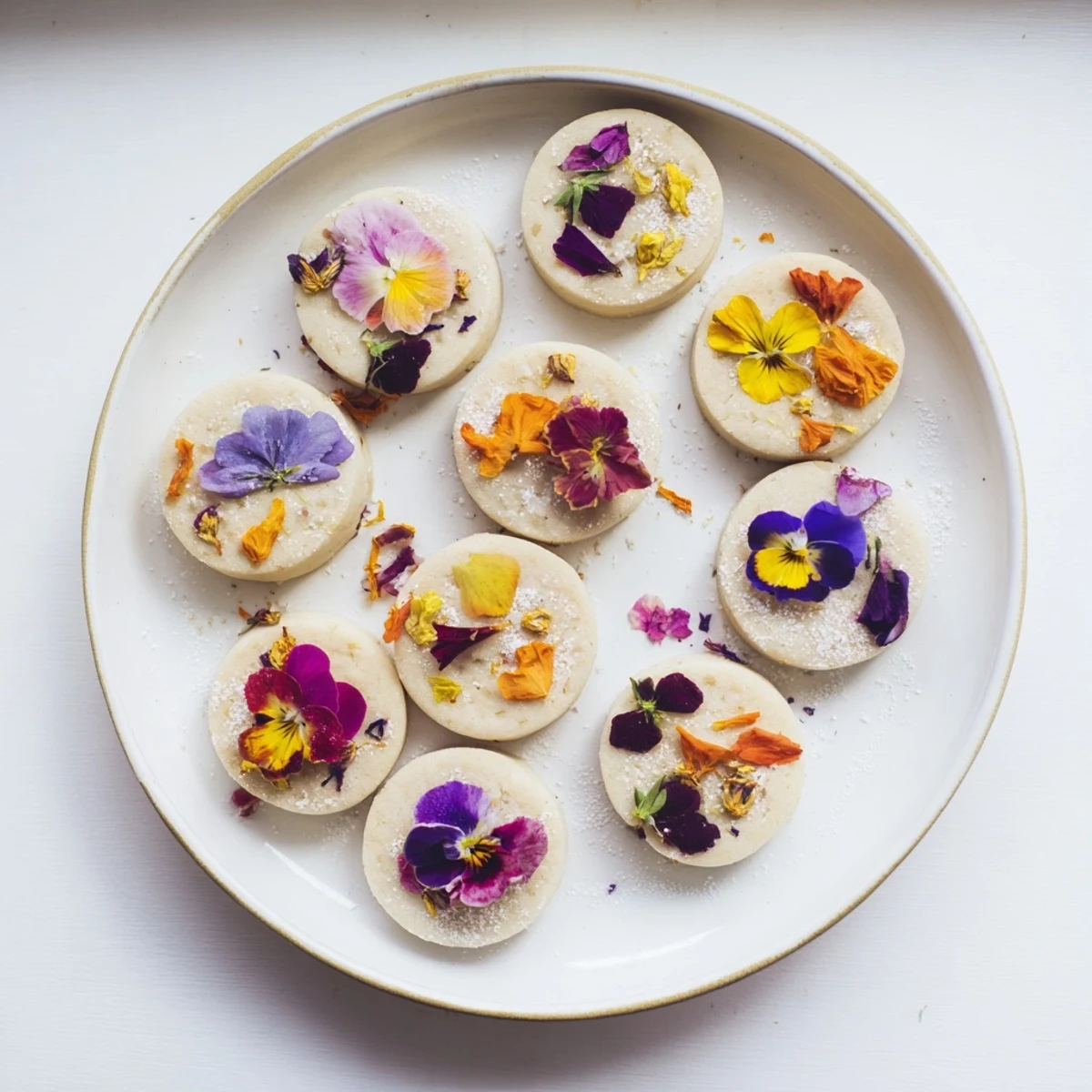Buttery shortbread cookies decorated with pressed edible spring flowers including rose petals and marigolds, lightly dusted with granulated sugar