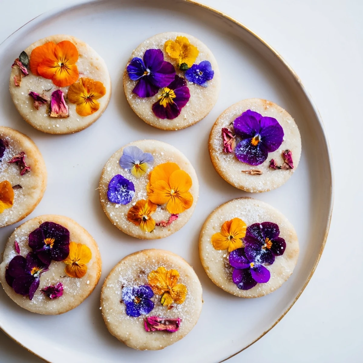 Homemade spring flower shortbread cookies featuring vibrant botanical decorations arranged on a rustic wooden board for afternoon tea