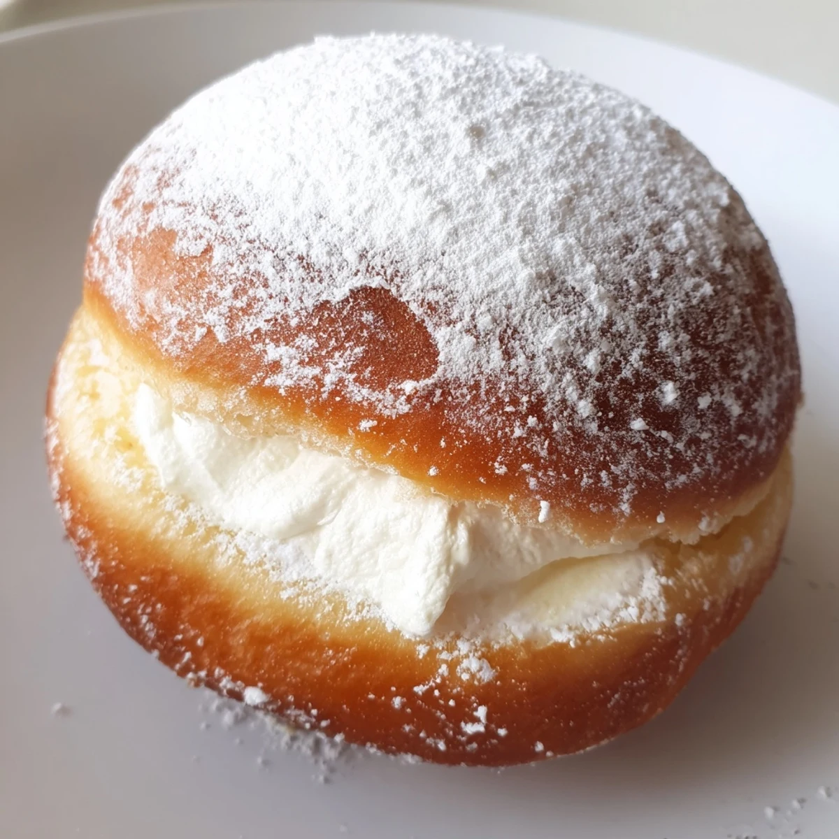 Soft pillowy Korean milk cream donuts filled with sweet vanilla cream on white plate