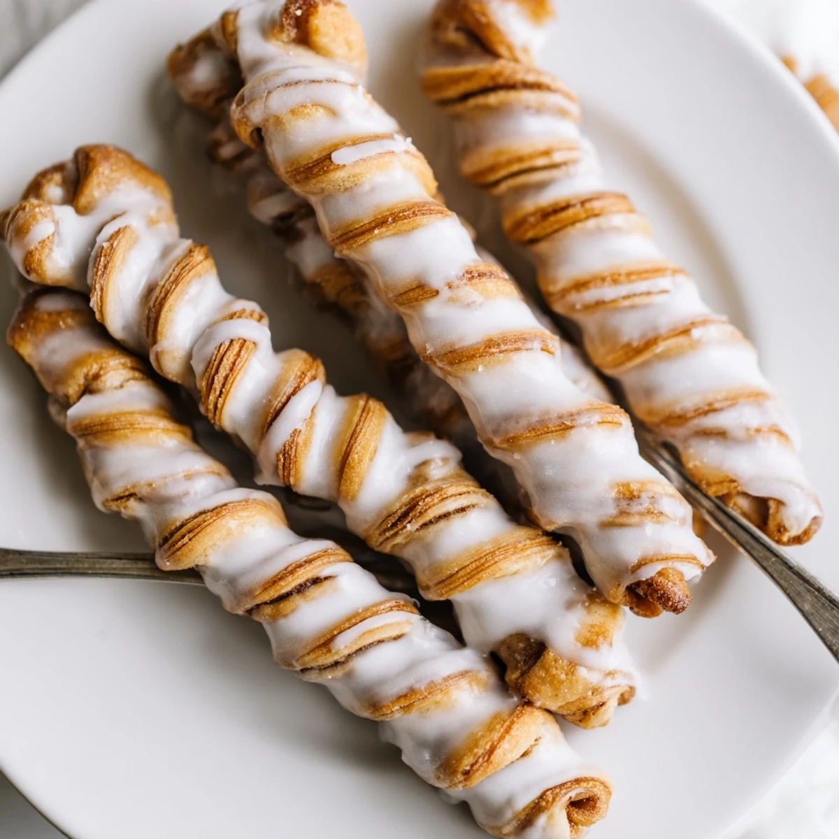 Golden sweet cinnamon twists drizzled with vanilla glaze on a white serving plate