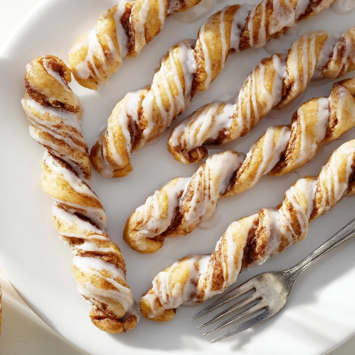 Warm homemade cinnamon twists with glossy vanilla glaze and golden baked edges