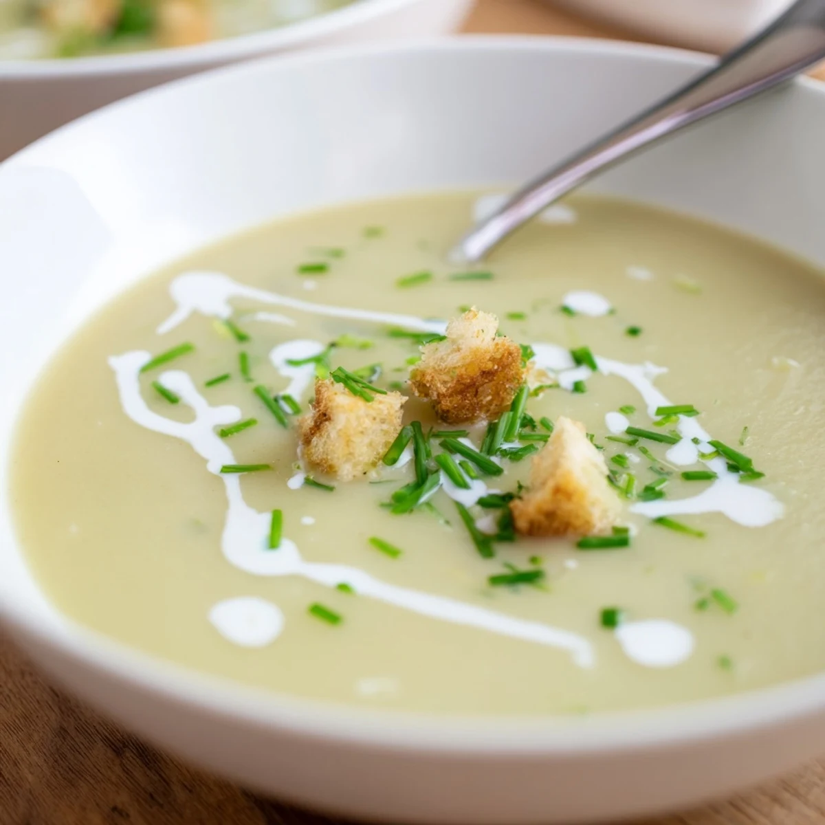 Velvety smooth potato leek soup served with crusty bread and croutons