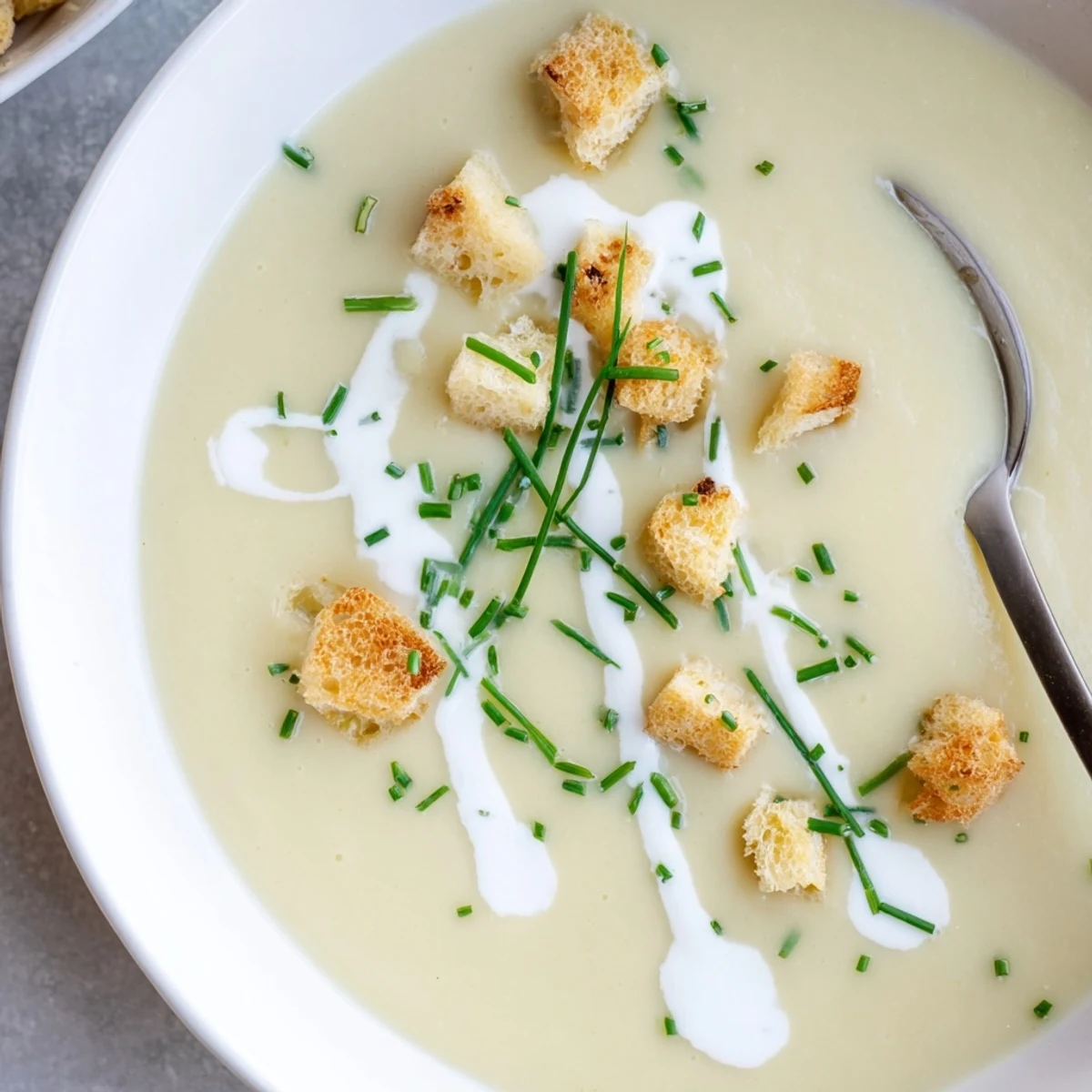 Rich French-style potato leek soup ladled into bowls with parsley sprinkle