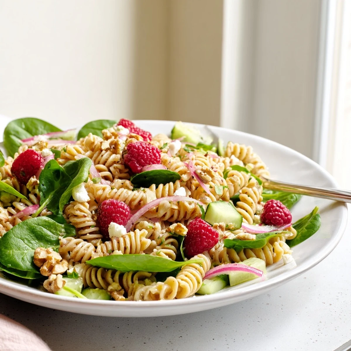 Raspberry spinach feta pasta salad tossed with fresh raspberries and crumbled feta in a large serving bowl