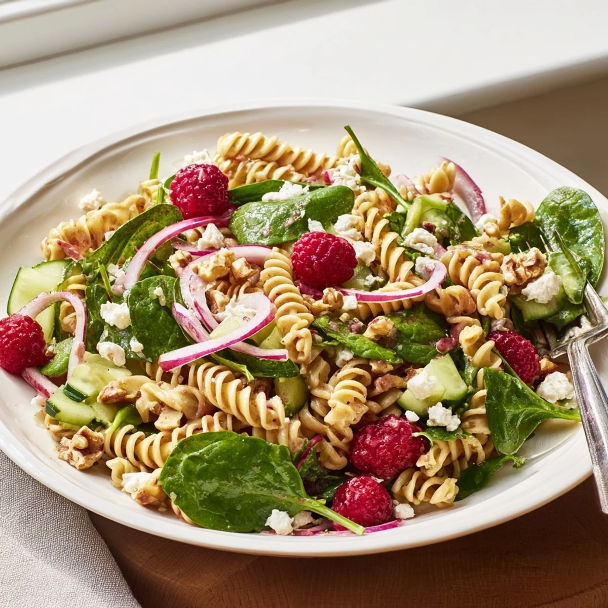 Colorful raspberry spinach feta pasta salad featuring tender spinach, red onion, and tangy vinaigrette