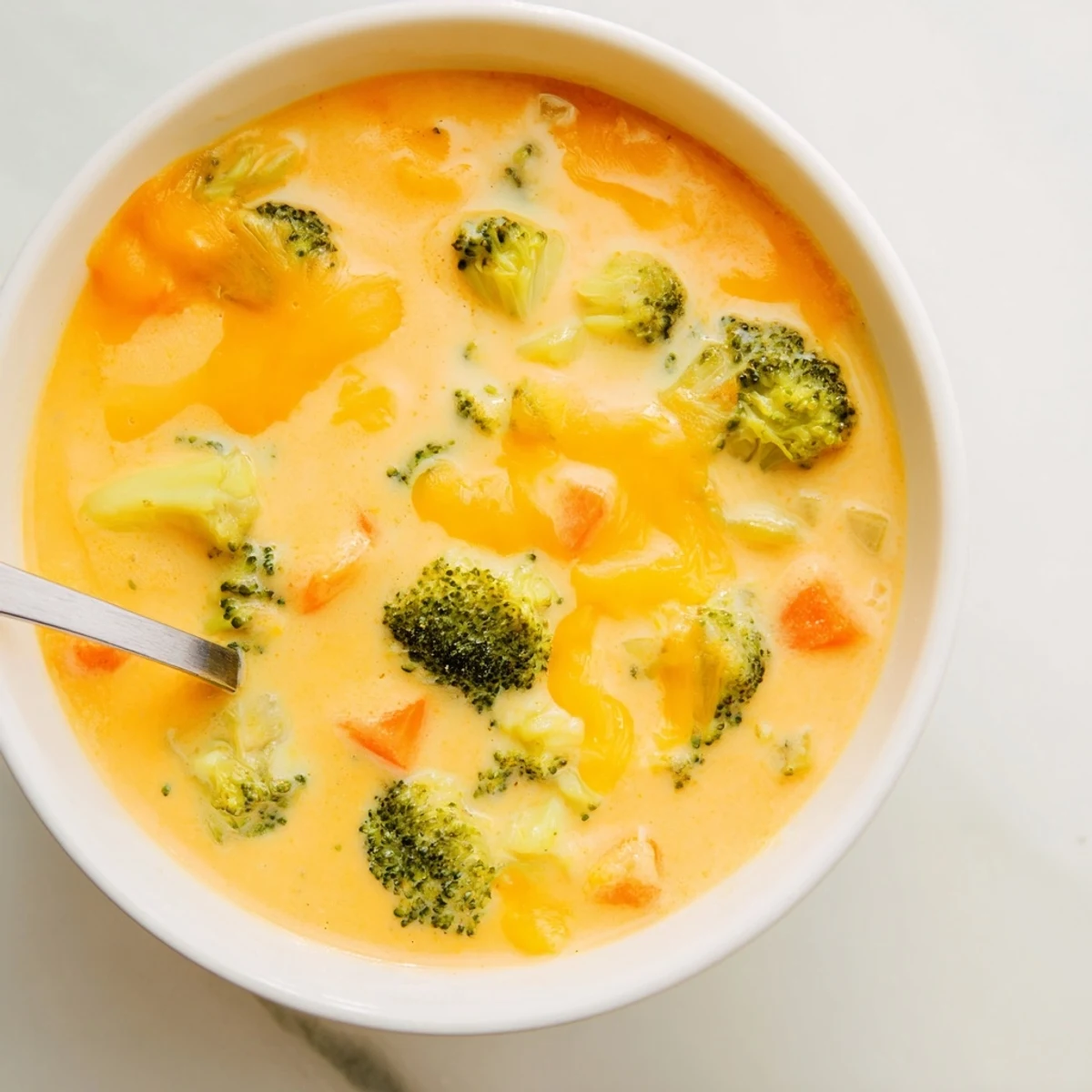 Creamy broccoli cheddar soup in a white bowl garnished with grated cheese and black pepper