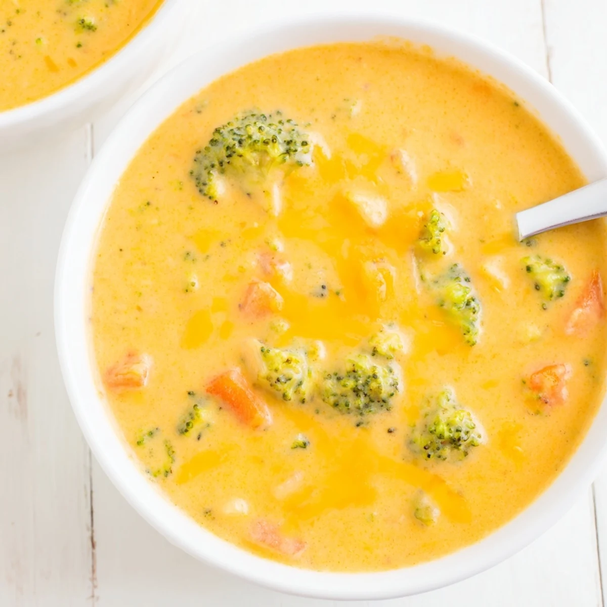 Steam rising from a bowl of rich broccoli cheddar soup with crusty bread on the side