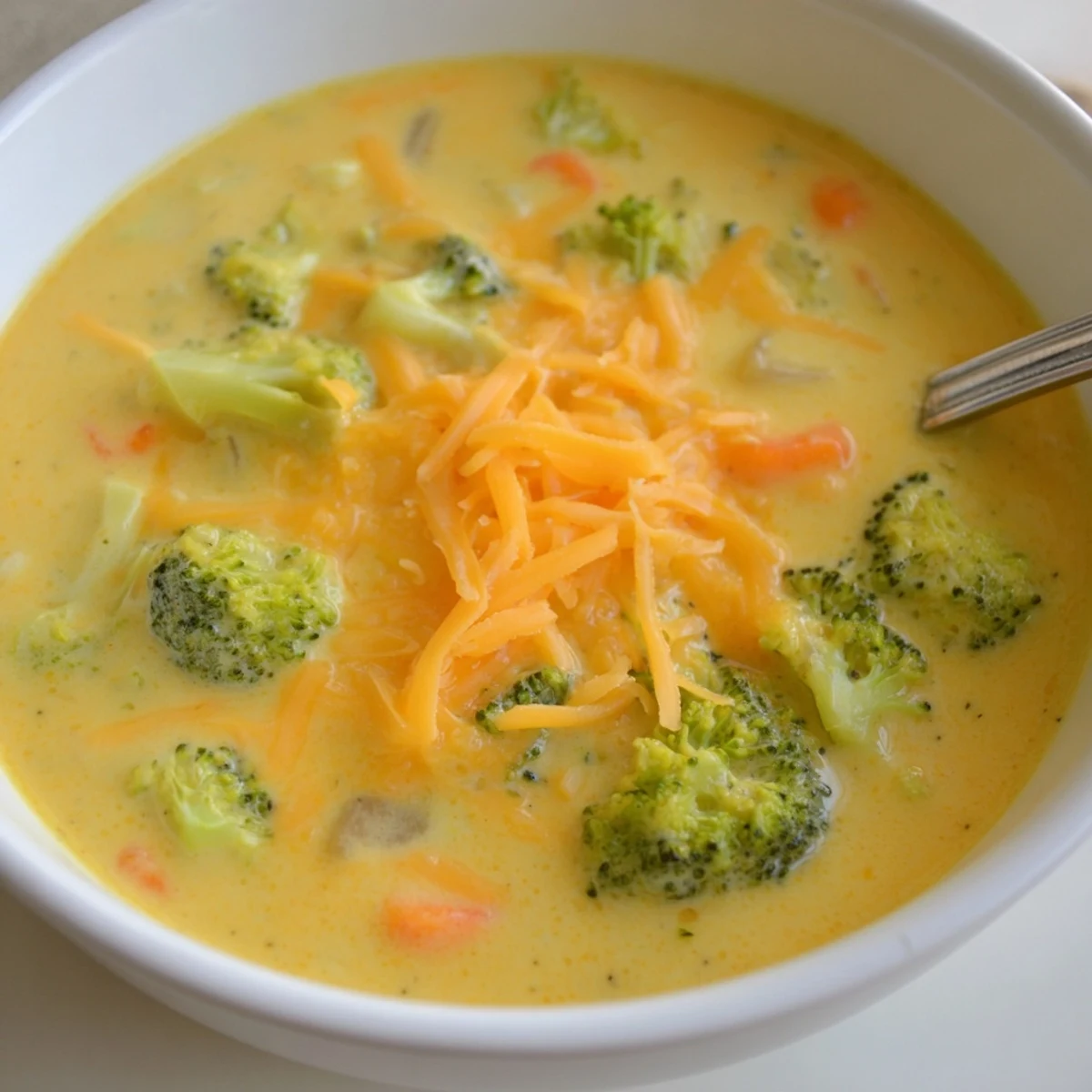 Golden cheddar cheese melting into a velvety broccoli soup served in a rustic ceramic bowl