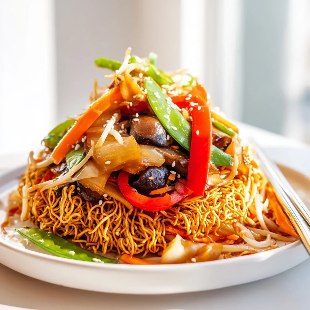 Vibrant chow mein with crunchy noodles and tender bell peppers carrots snow peas