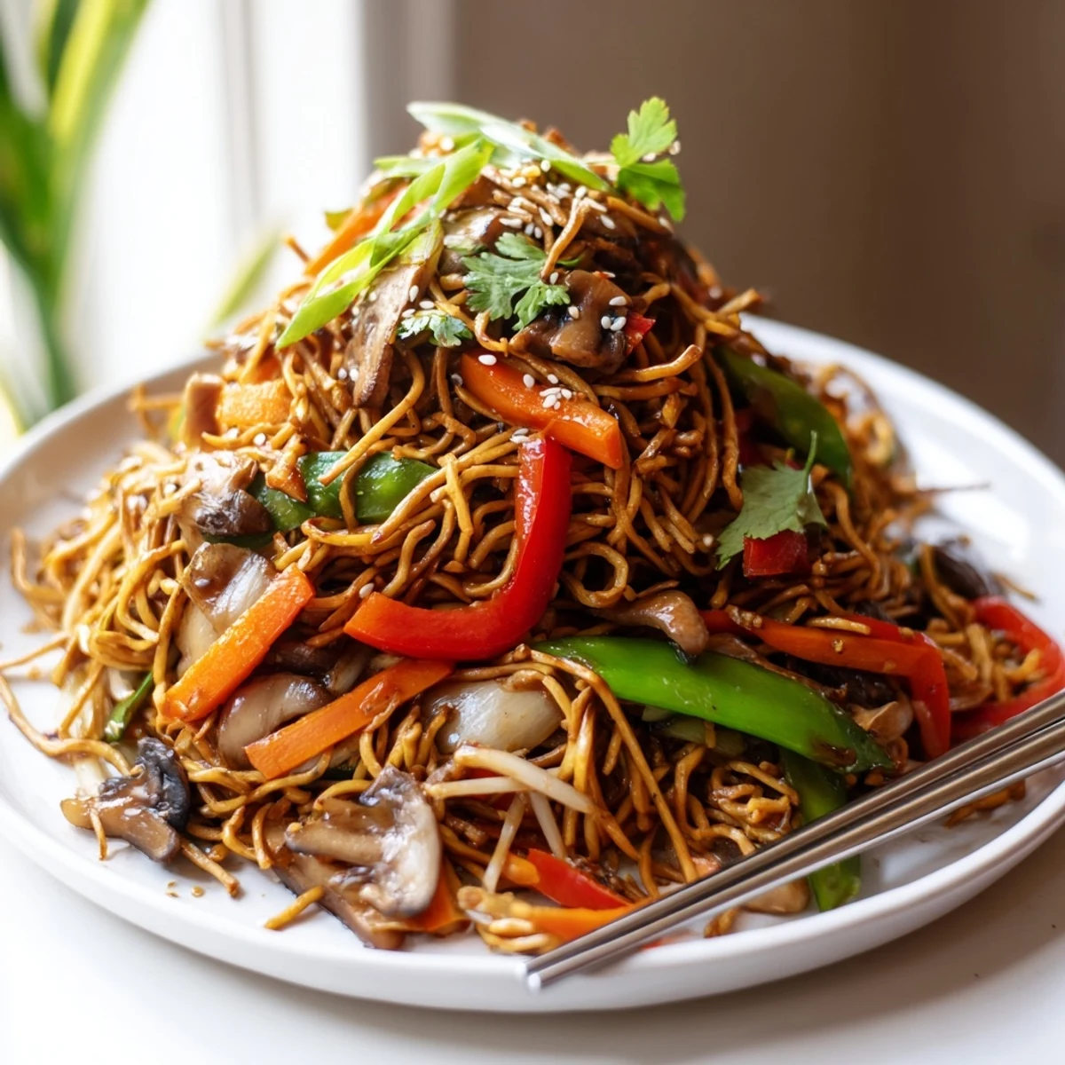 Golden crispy noodle chow mein topped with colorful stir-fried vegetables in savory sauce