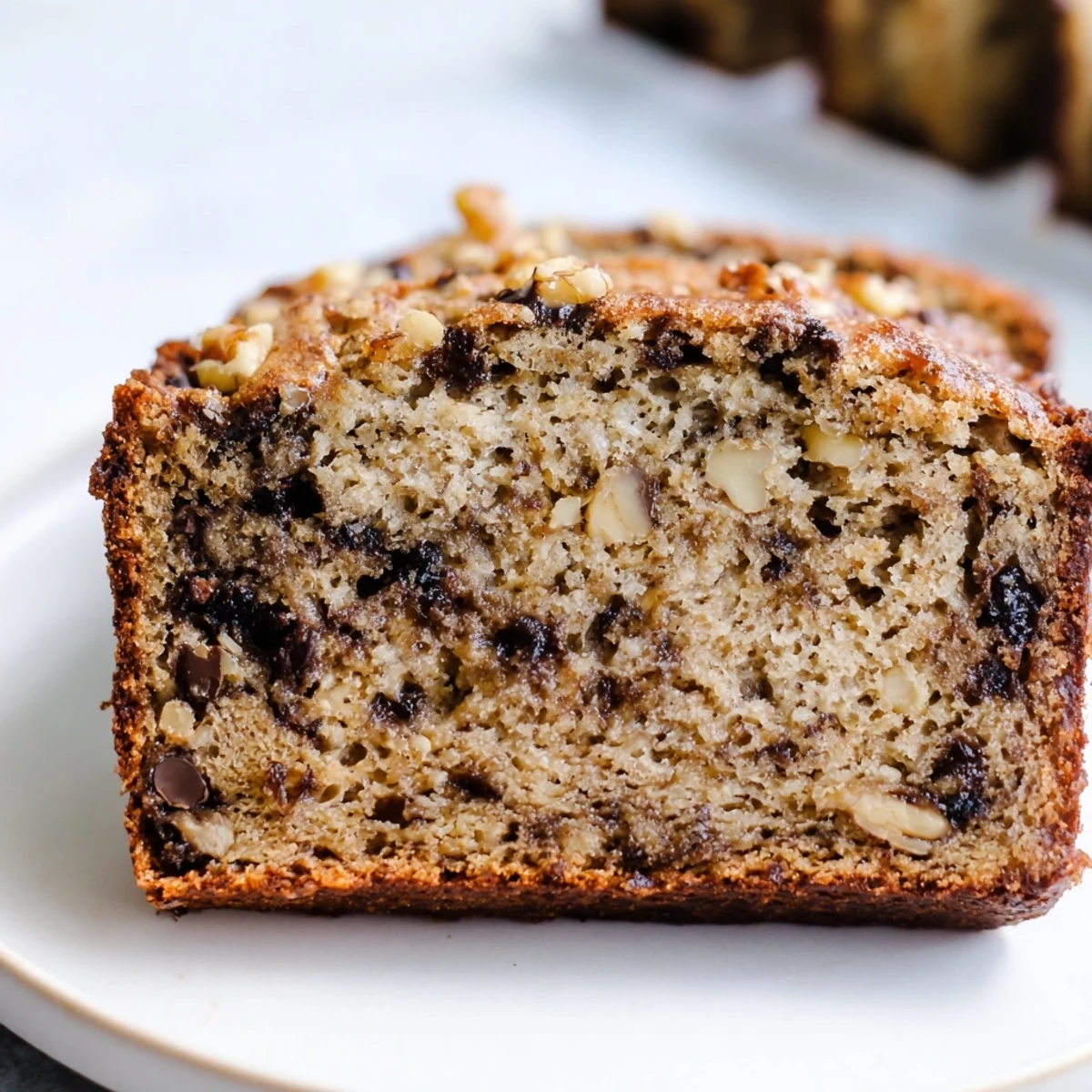 Golden brown keto banana bread loaf sliced to reveal moist tender crumb on wooden board
