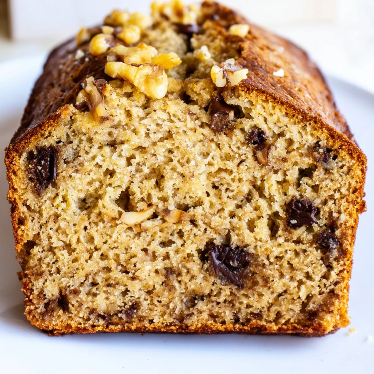 Moist low carb banana bread topped with walnuts and melted butter on white plate