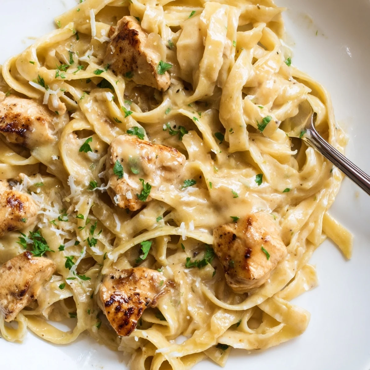 Tender chicken breast and pasta swirls in a velvety garlic parmesan cream sauce garnished with herbs