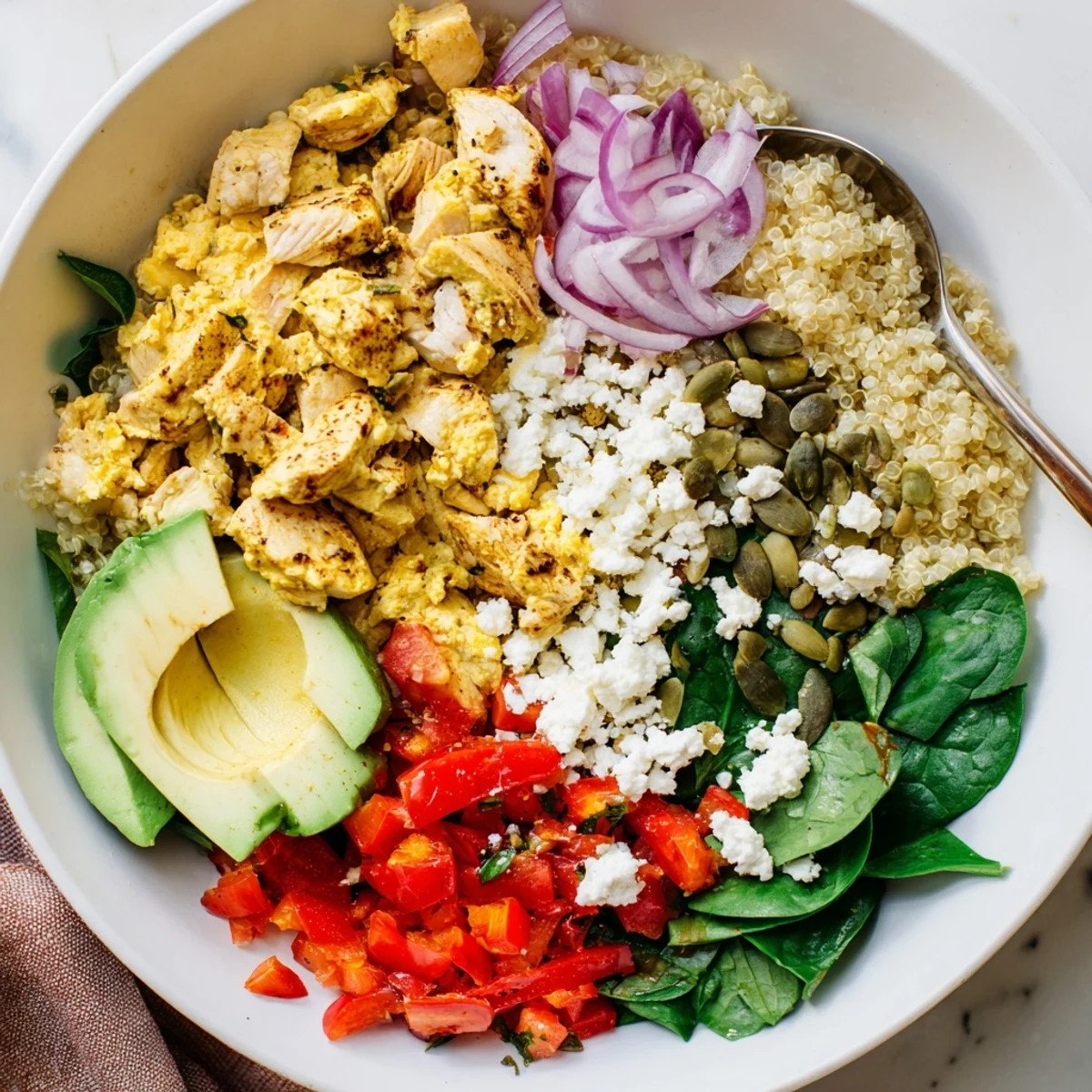 Hearty easy high protein breakfast bowl featuring cottage cheese eggs, spinach, tomatoes, and crunchy seeds