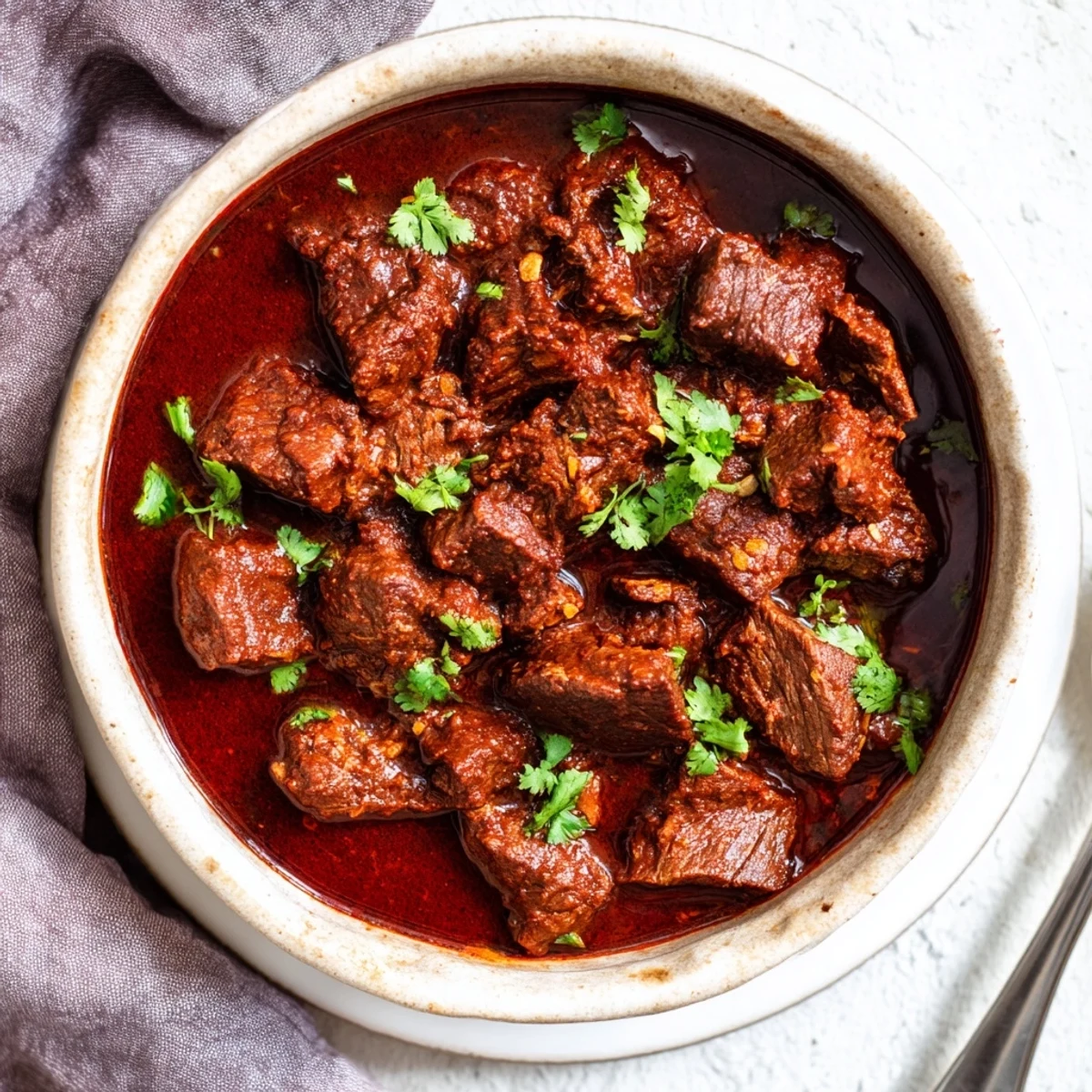 Slow Cooker Chili Colorado featuring tender beef chunks in a rich red chili sauce with fresh cilantro garnish