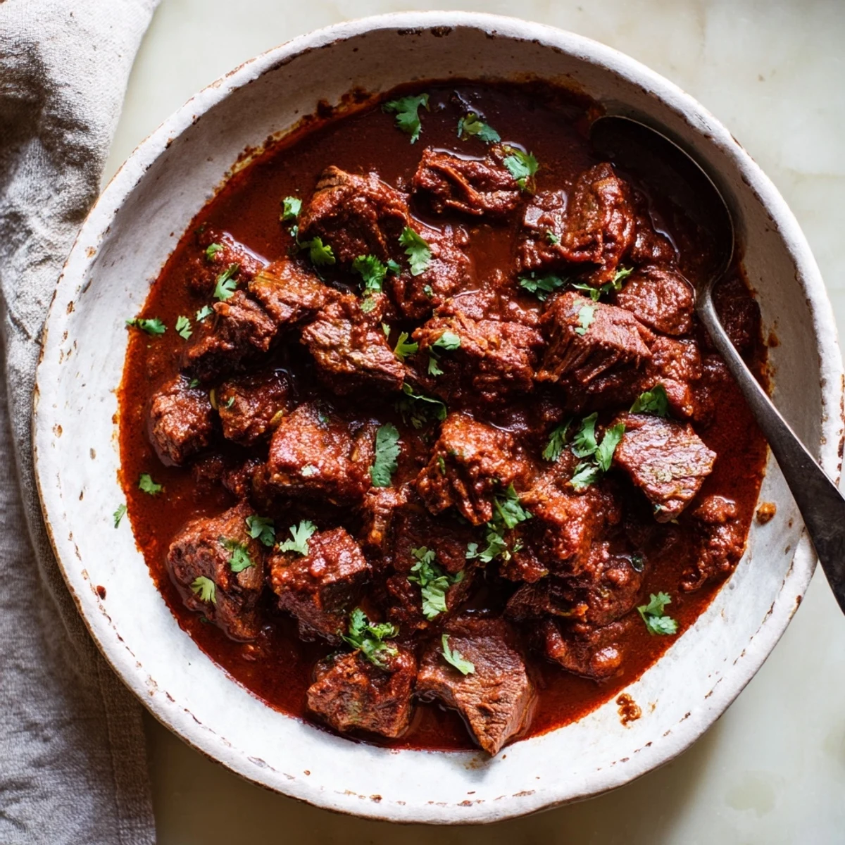 Hearty Slow Cooker Chili Colorado served in a bowl showcasing the deep red sauce and melt-in-your-mouth beef