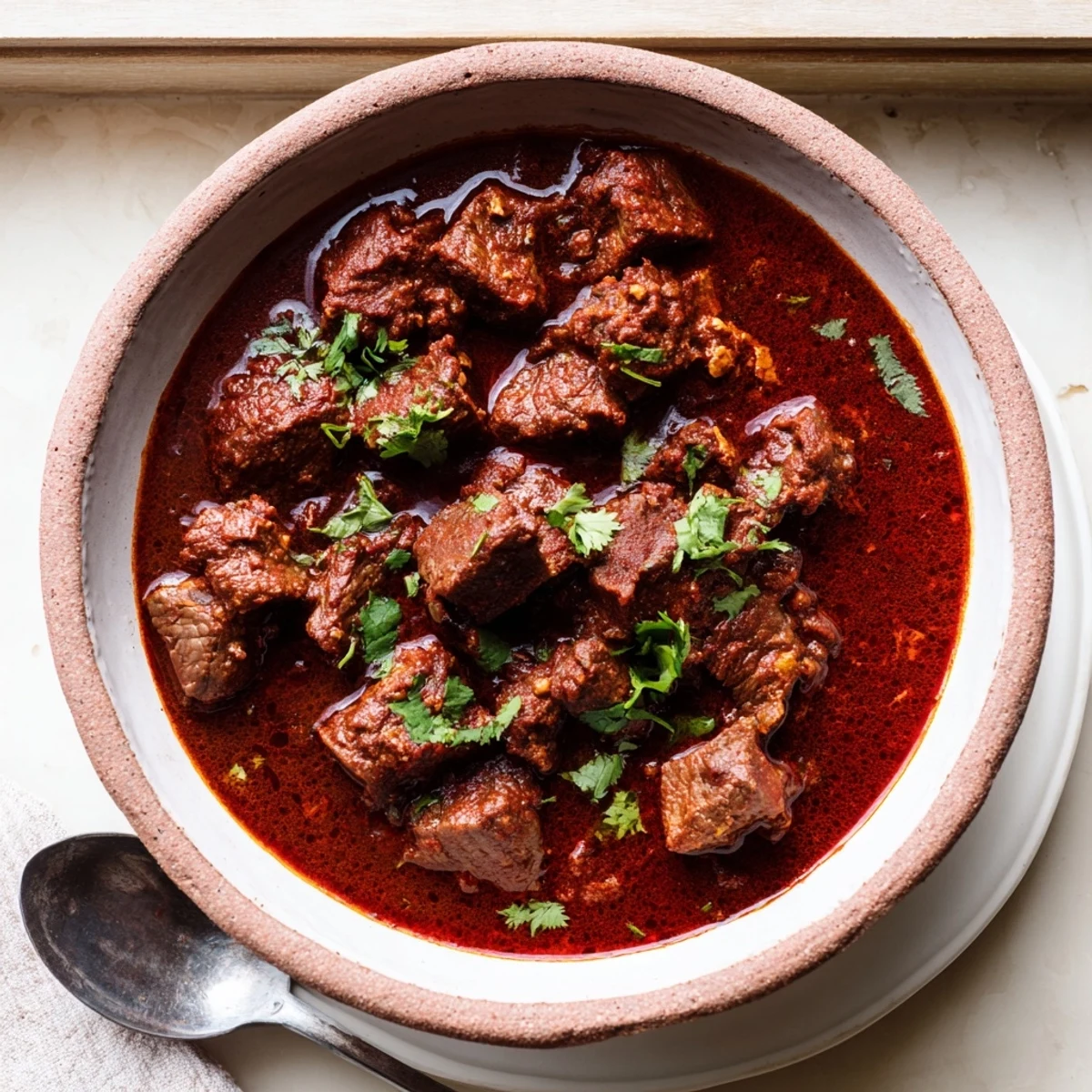 Authentic Slow Cooker Chili Colorado plated with fluffy rice, tender beef cubes, and vibrant green cilantro topping