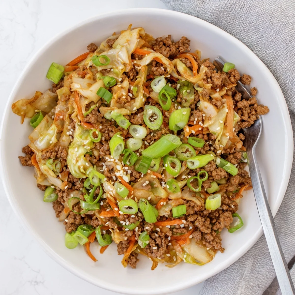 Golden brown ground pork and crisp cabbage in Egg Roll In A Bowl topped with fresh green onions and sesame seeds