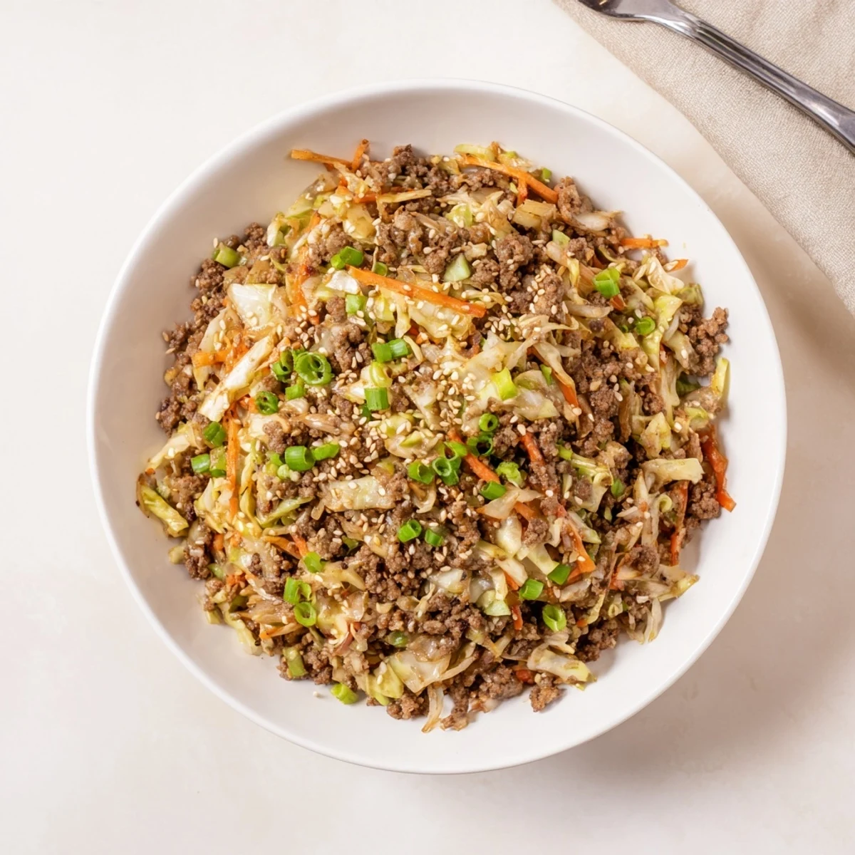 Savory skillet of Egg Roll In A Bowl featuring tender pork and colorful vegetables coated in a glossy Asian-inspired sauce