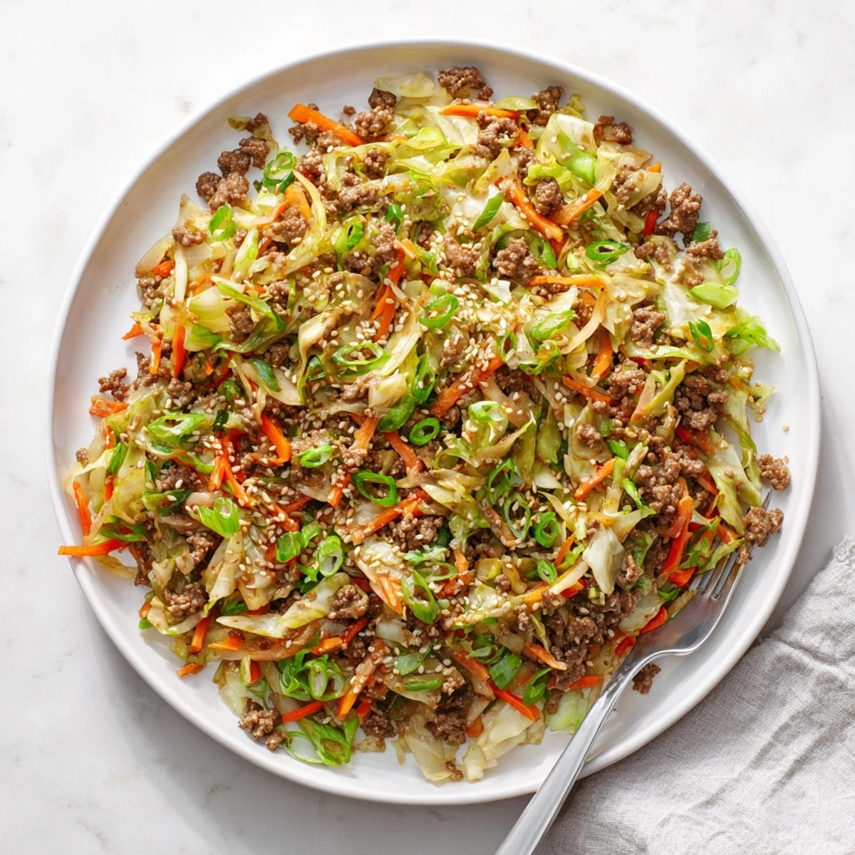 Steam rising from a white bowl filled with Egg Roll In A Bowl showcasing seasoned ground meat and shredded cabbage mixture