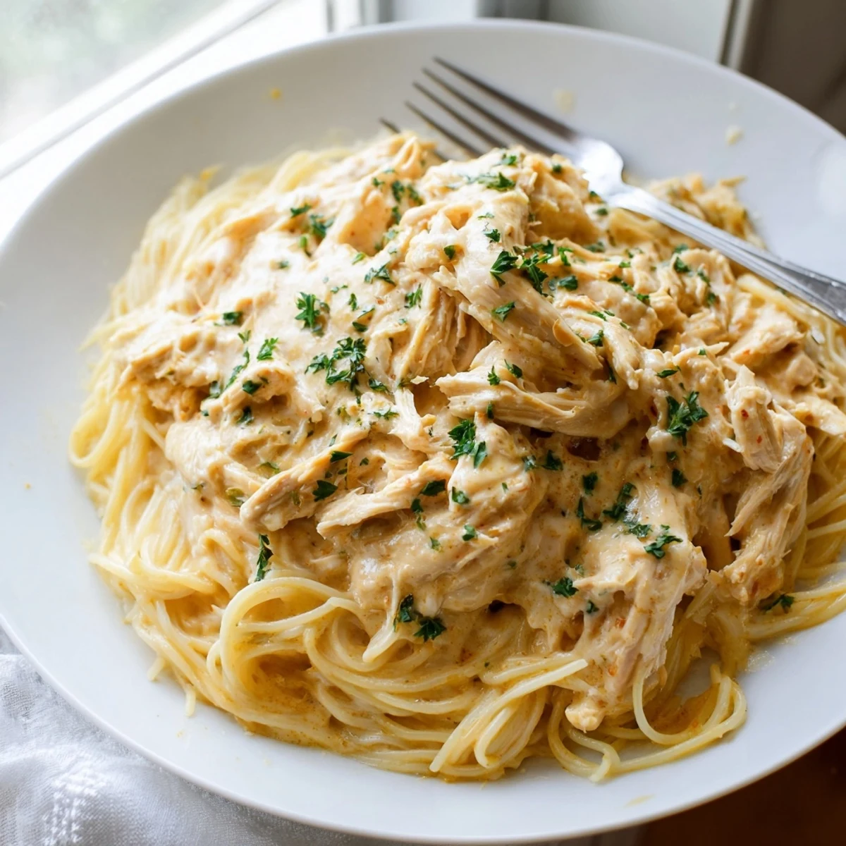 Creamy Crock Pot Angel Chicken served over tender angel hair pasta with golden butter sauce