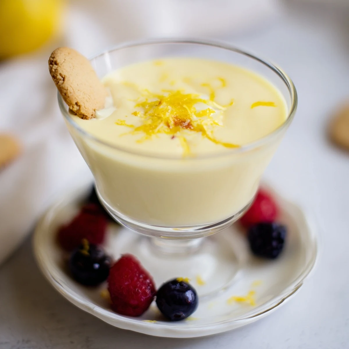 Creamy lemon posset dessert served in clear glass with fresh berries and lemon zest garnish