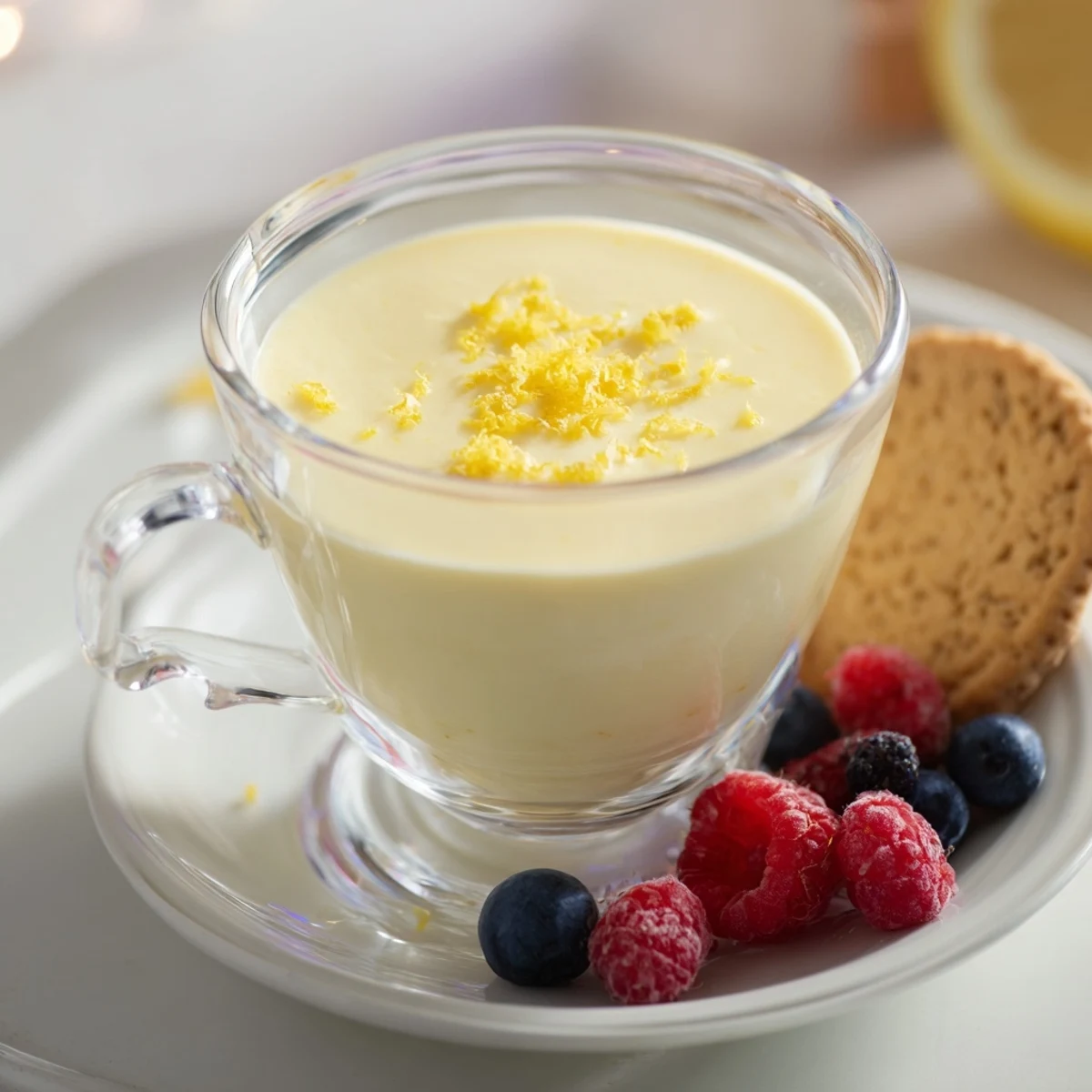 Silky smooth lemon posset set in white ramekin topped with grated citrus and shortbread cookie