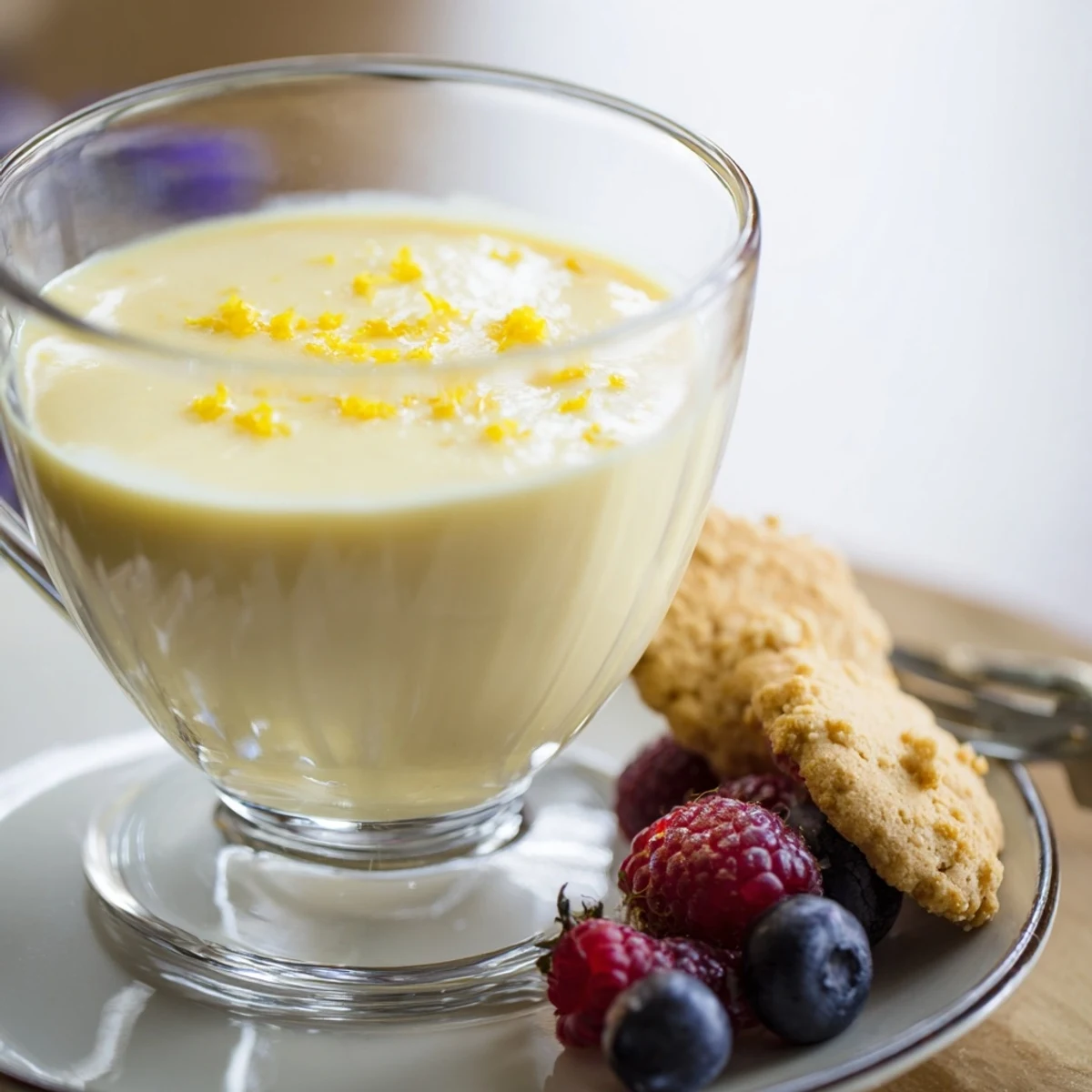 Golden lemon posset pudding with glossy surface served chilled on white dessert plate