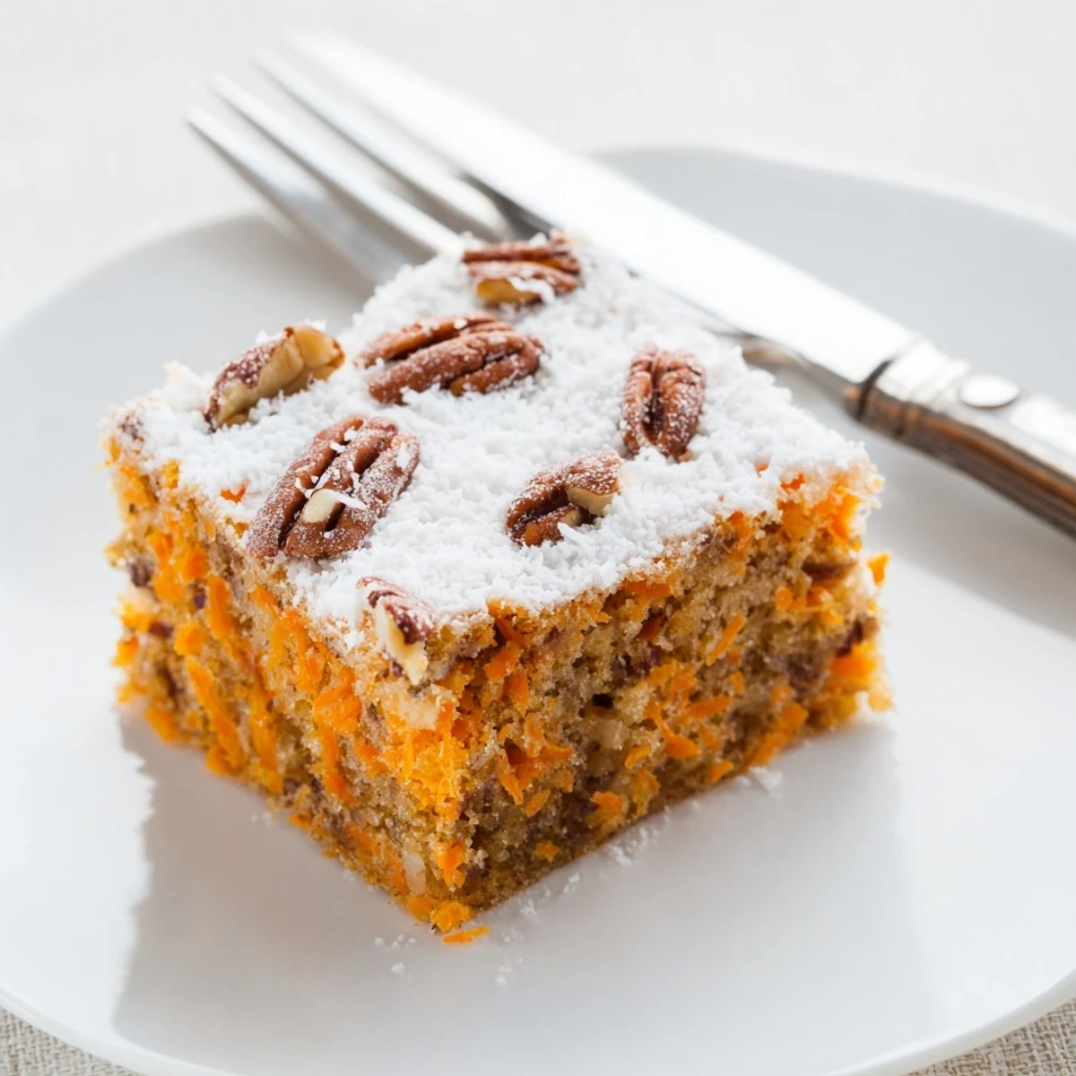 Moist Greek yogurt carrot cake topped with powdered sugar on a rustic wooden board