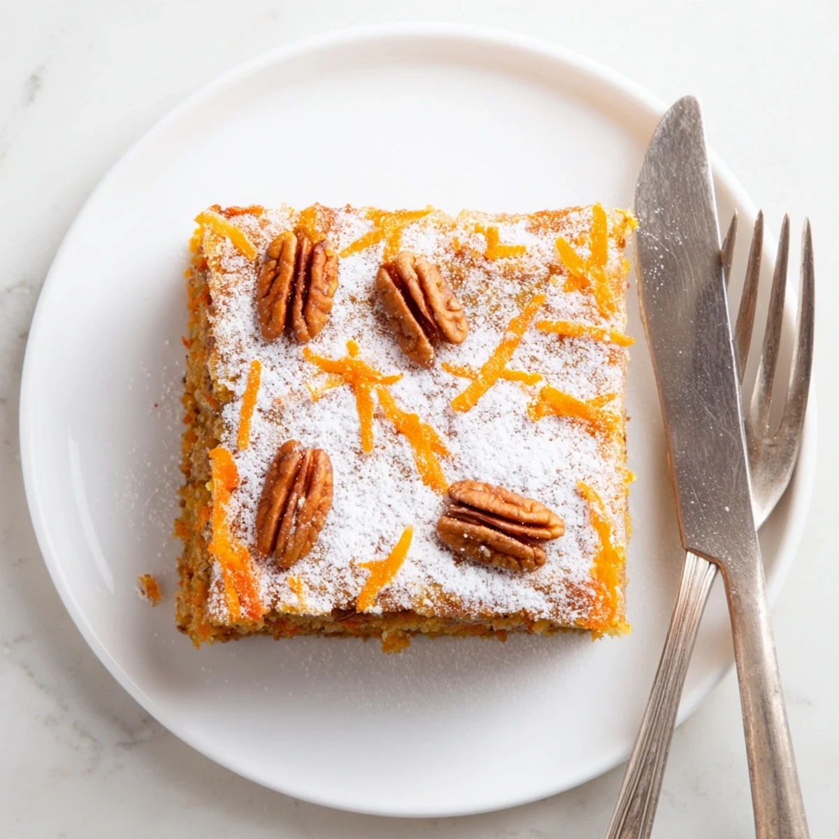 Spiced carrot cake slice with visible grated carrots and walnuts on white plate