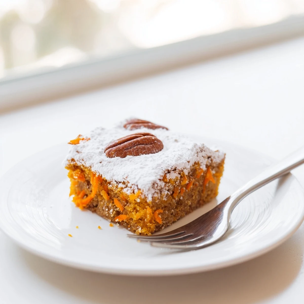 One bowl Greek yogurt carrot cake with cream cheese frosting and pecan garnish