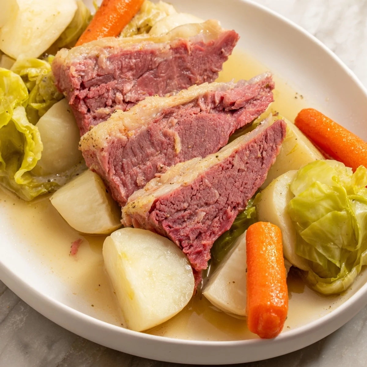 Tender slow cooker corned beef cabbage served with carrots and potatoes in a shallow bowl