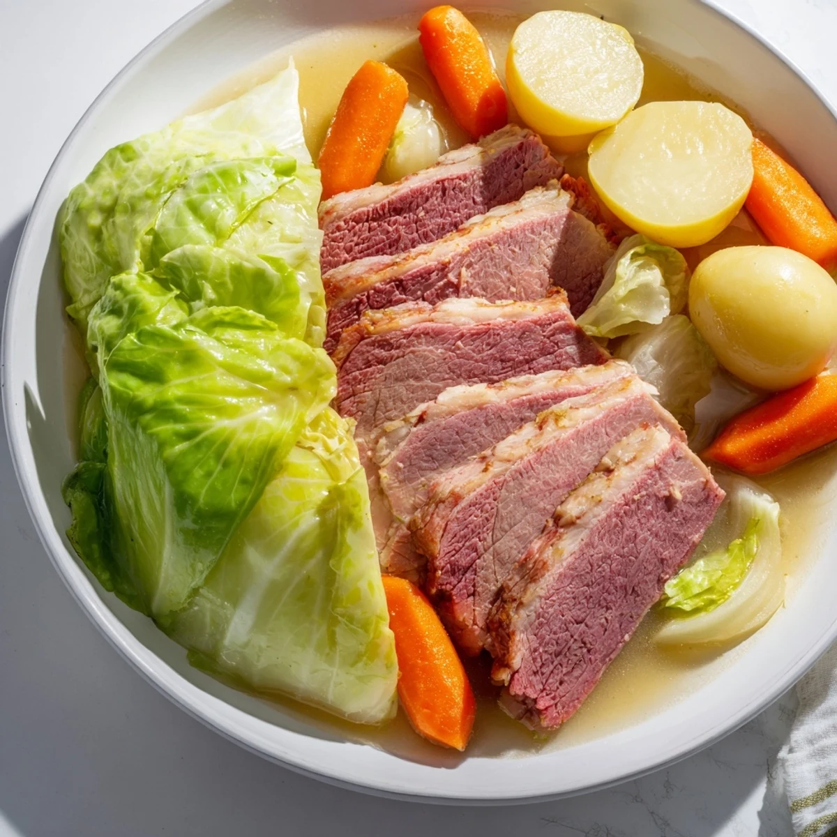 Sliced corned beef brisket nestled beside buttery cabbage and potatoes in this comforting slow cooker meal