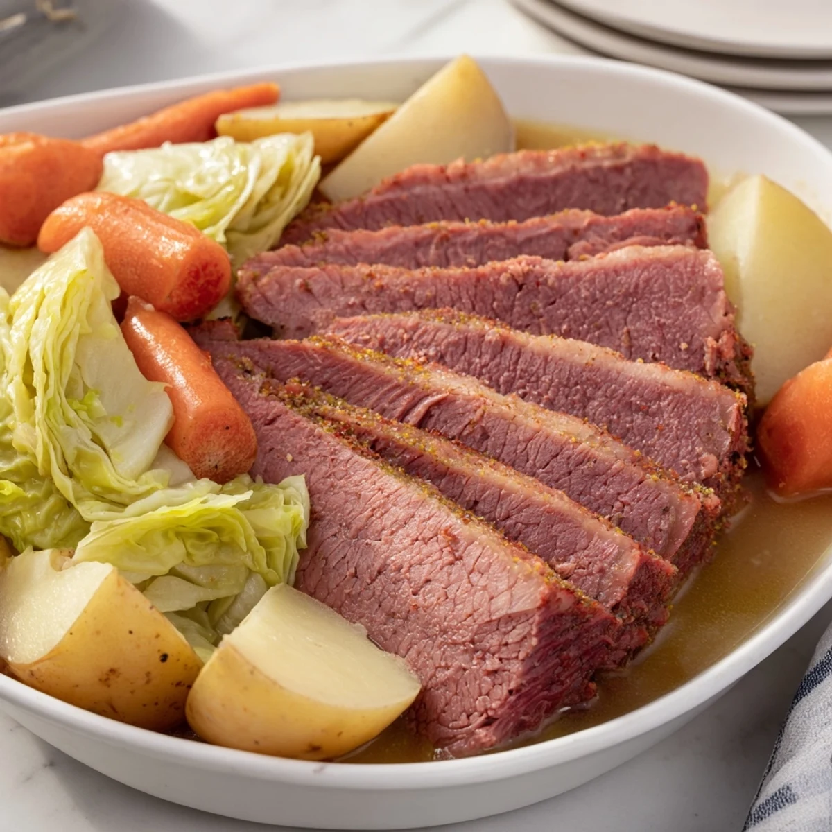 Hearty corned beef cabbage meal plated with root vegetables and garnished with fresh parsley sprigs