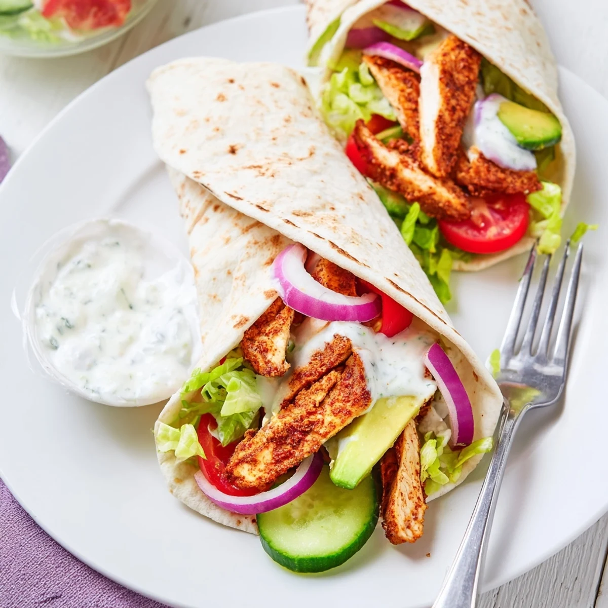 Golden high protein cottage cheese flatbread wrap stuffed with grilled spiced chicken and crisp fresh vegetables